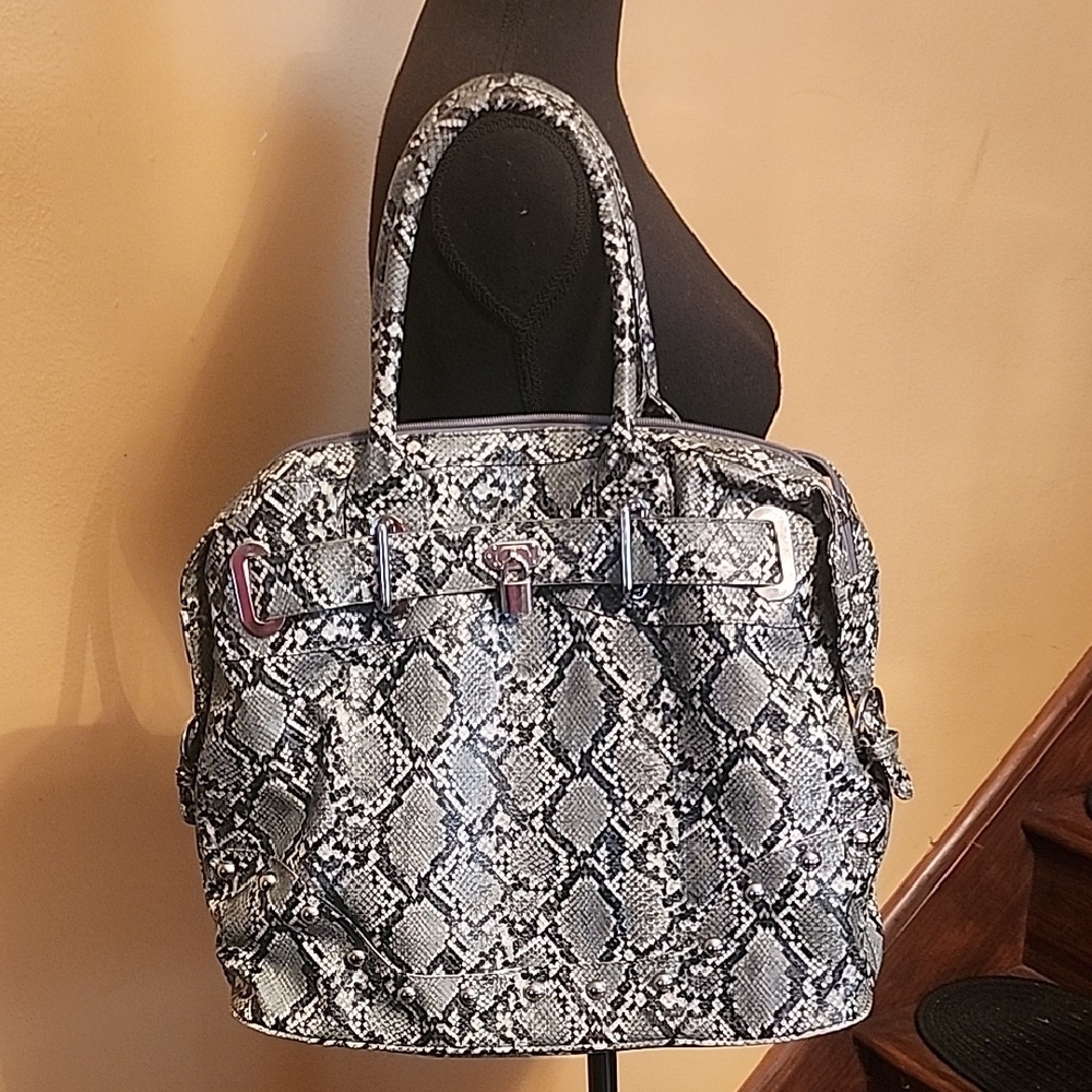 Ashro Snakeskin Print Tote Handbag Black Gray